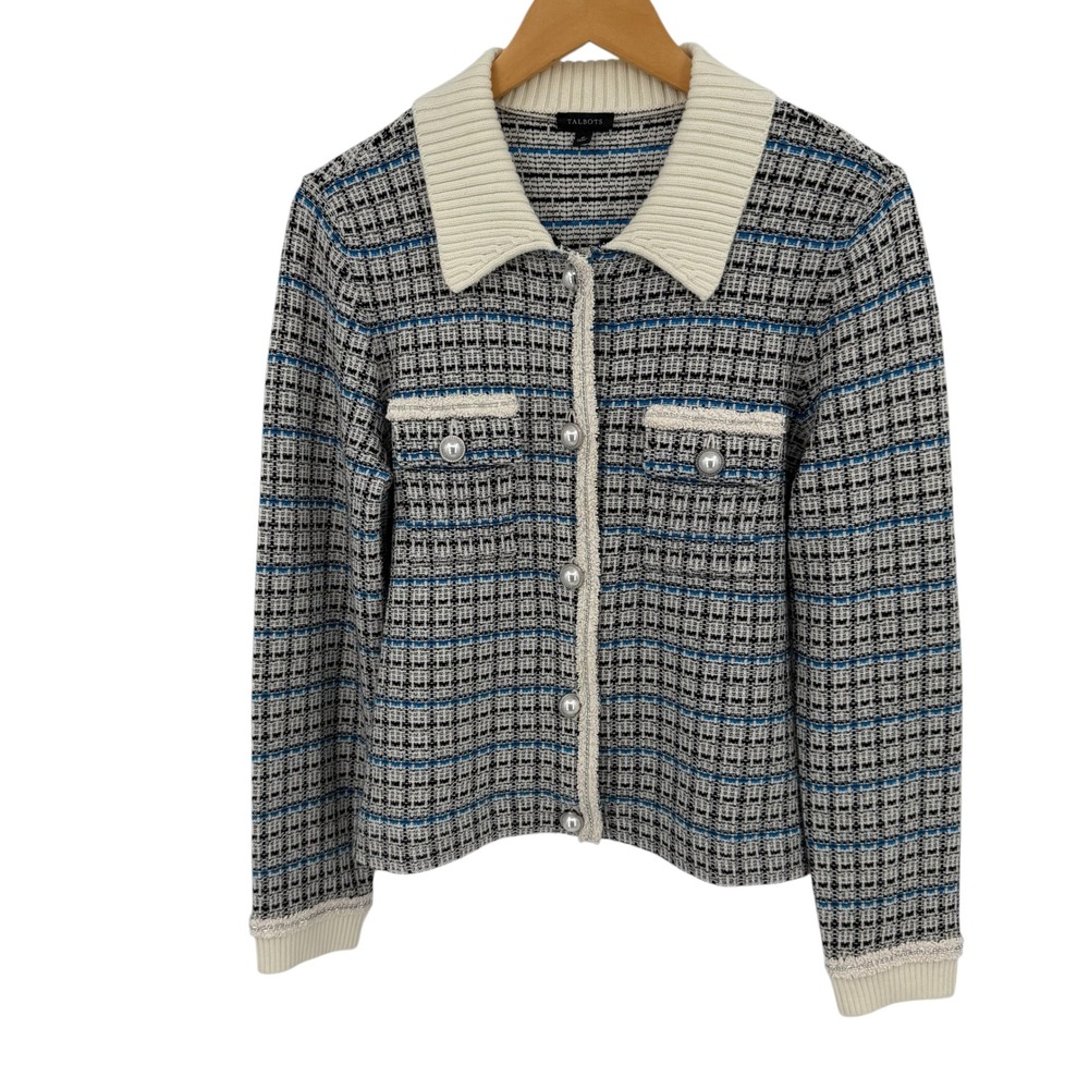 Talbots Tweed Cardigan Sweater Womens Medium Multi-Color Faux Pearl Chain Trim